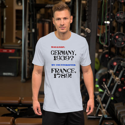 Unisex t-shirt featuring Germany and France historical references, worn in gym setting.
