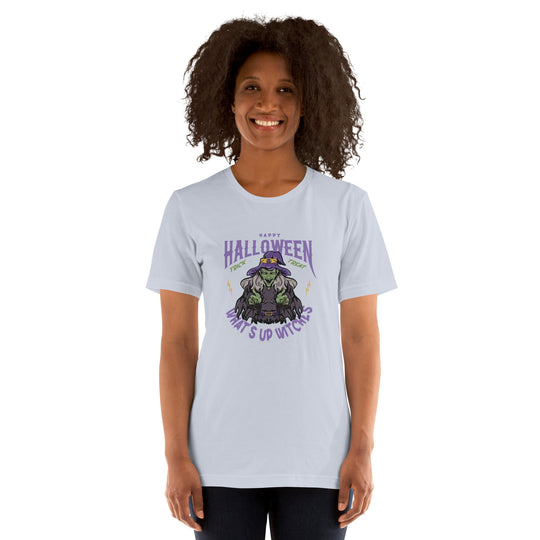 Unisex t-shirt with "What's up witches" Halloween design featuring cartoon witches.