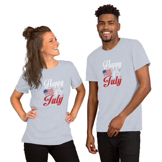 Unisex t-shirt with "Happy Fourth of July" text and American flag design, perfect for Independence Day celebration.