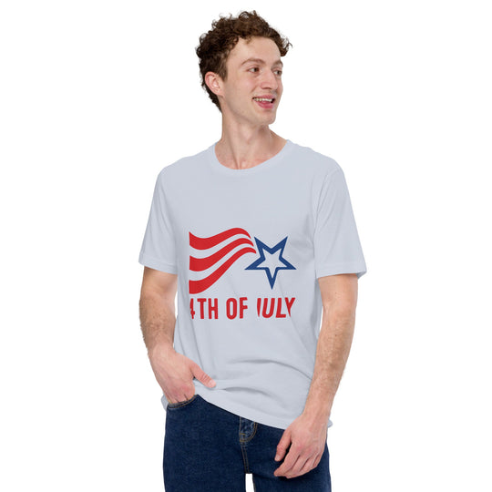 Unisex Fourth of July t-shirt with red and blue stripes and star design.