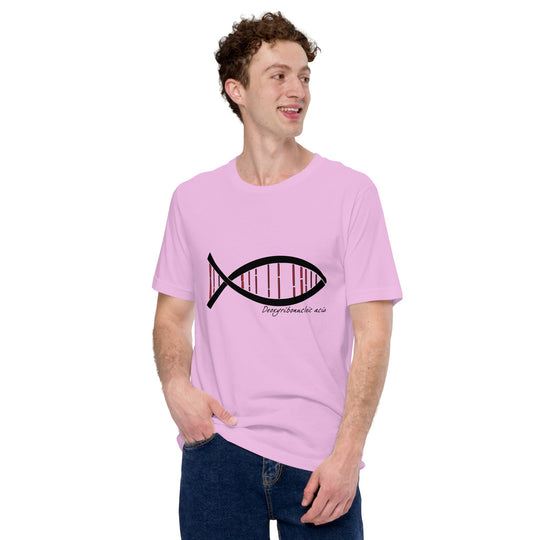 Unisex t-shirt with DNA fish design, blending science and style.