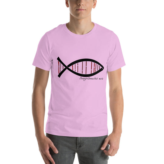 Unisex T-shirt with DNA fish design symbolizing science and rationality.