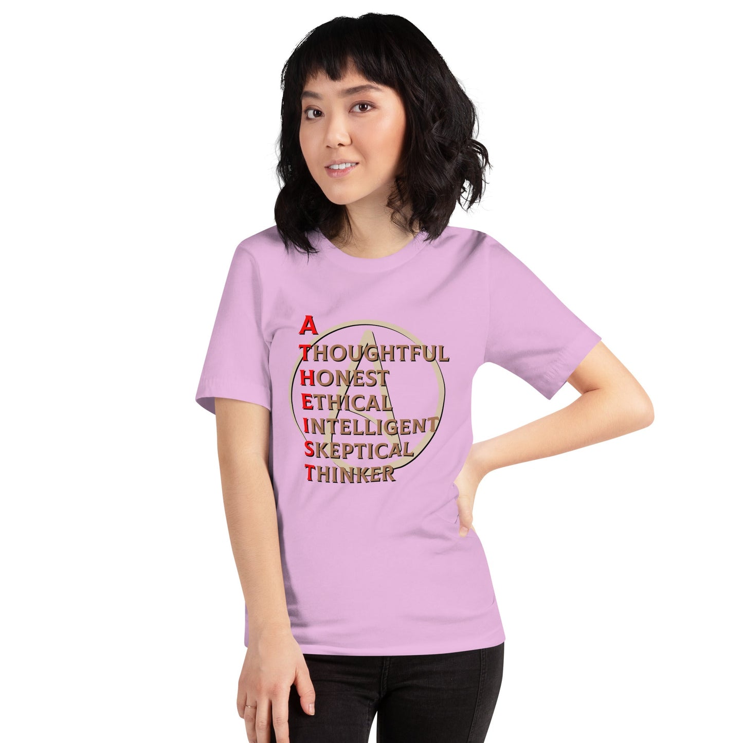 Unisex t-shirt with "Atheist" acronym design, emphasizing thoughtful and ethical values.