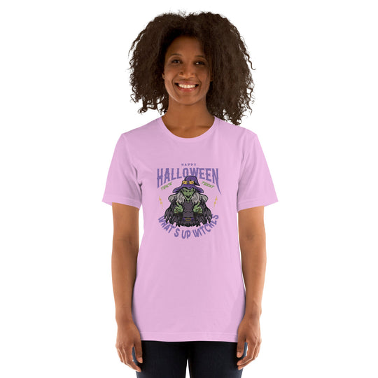 Unisex t-shirt with "What's up witches" Halloween design, soft and lightweight.