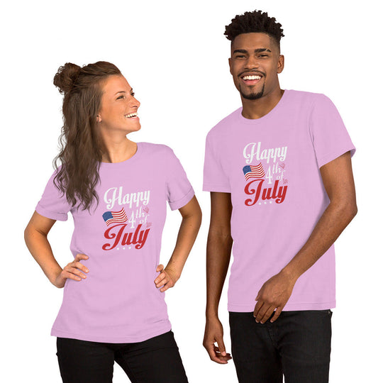 Unisex t-shirt with "Happy Fourth of July" design, ideal for Independence Day celebrations.