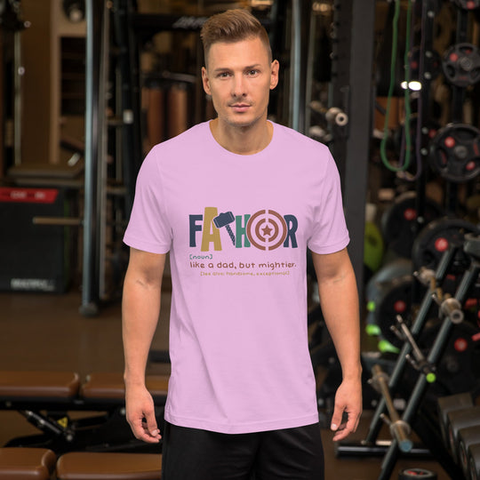 Unisex light t-shirt with "Fathor - Like a dad, but mightier" design, perfect for Father's Day.