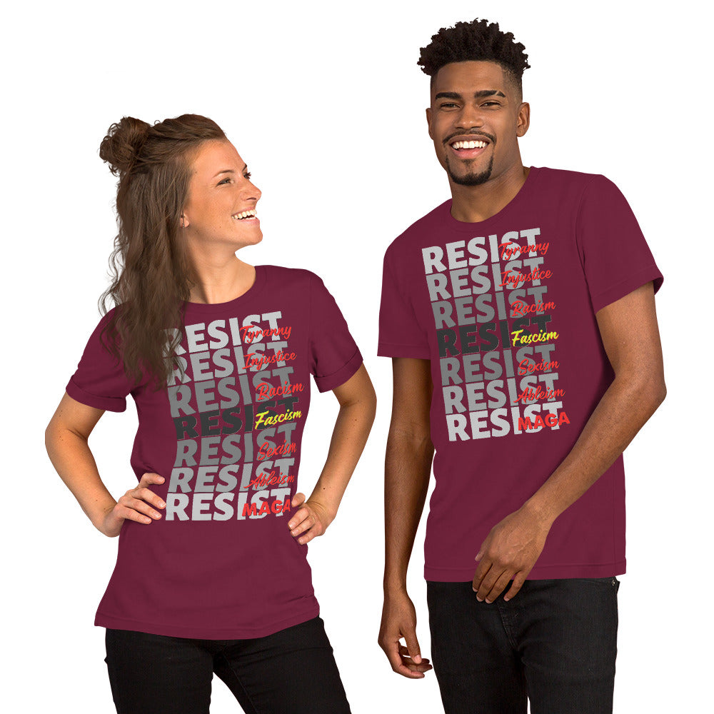 Unisex t-shirt displaying "Resist" with terms like "Racism" and "Fascism," for justice and equality.