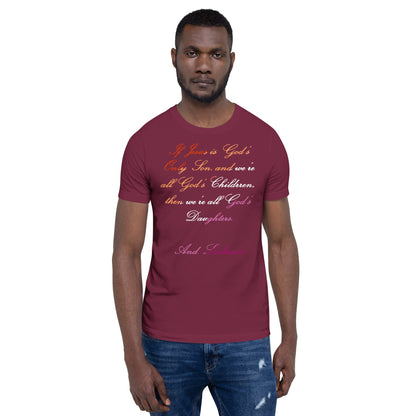 Empowering Lesbians Unisex T-shirt with witty faith and identity message in colorful gradient.