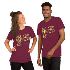 Unisex t-shirt with "All you need is cats" design, worn by two models, showcasing softness and comfortable fit.
