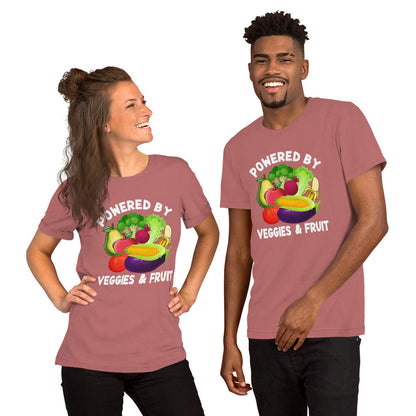 Unisex t-shirt with "Powered by Veggies & Fruit" design, worn by a man and woman.