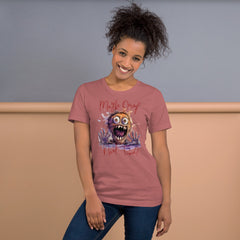 Unisex t-shirt with humorous "Perhaps Decaf Next Time?" graphic, worn by model, soft and lightweight fabric, ideal for casual wear.