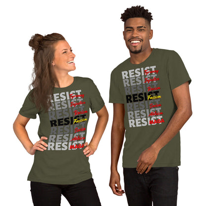 Unisex t-shirt with "Resist" design in gray shades, highlighting words like "Injustice" and "Racism" for equality advocacy.