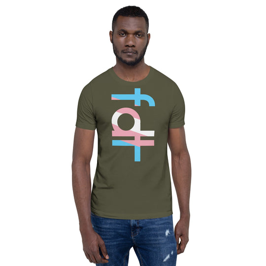 Unisex t-shirt with trans flag colors design, featuring "fdt" print.