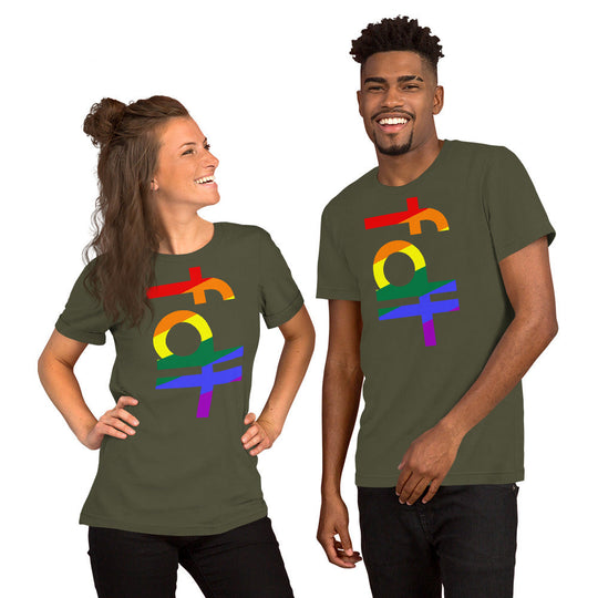 Unisex t-shirt in fdt pride colors with colorful symbol design.