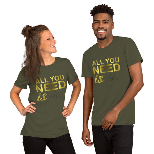 Unisex t-shirt with "All you need is cats" slogan, worn by two people, soft green fabric.