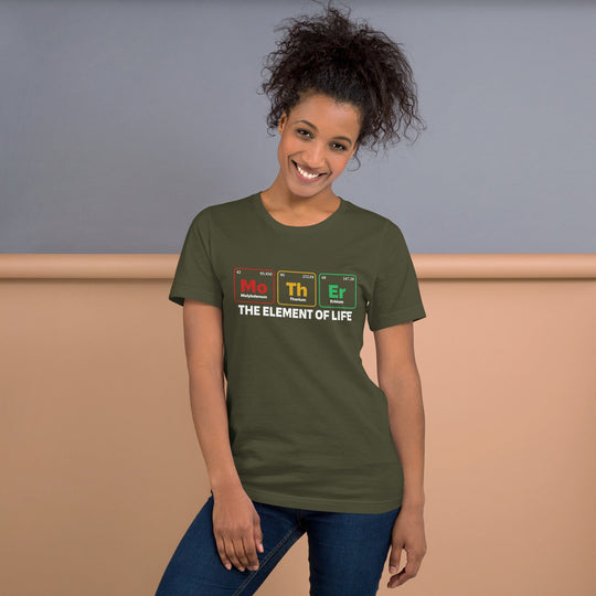 Dark green unisex t-shirt with 'Mother - the Element of Life' design in periodic table style.
