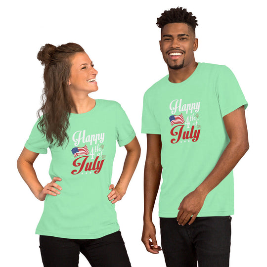 Unisex t-shirt with "Happy Fourth of July" design, ideal for Independence Day celebrations, featuring a soft and lightweight fabric.