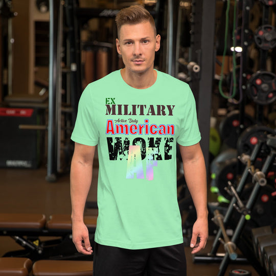 Ex Military Woke AF unisex t-shirt in a gym setting.