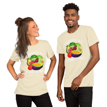 Unisex t-shirt featuring "Powered by Veggies & Fruit" design, soft and lightweight, 100% cotton.