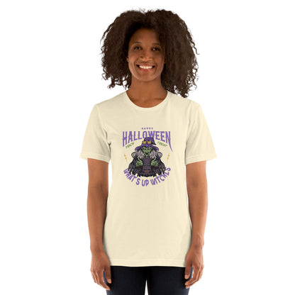 Unisex t-shirt with "What's up witches" Halloween design, featuring a lightweight and soft fabric, perfect for any occasion.