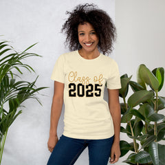 Class of 2025 unisex t-shirt, soft and lightweight, worn by a person standing near plants.