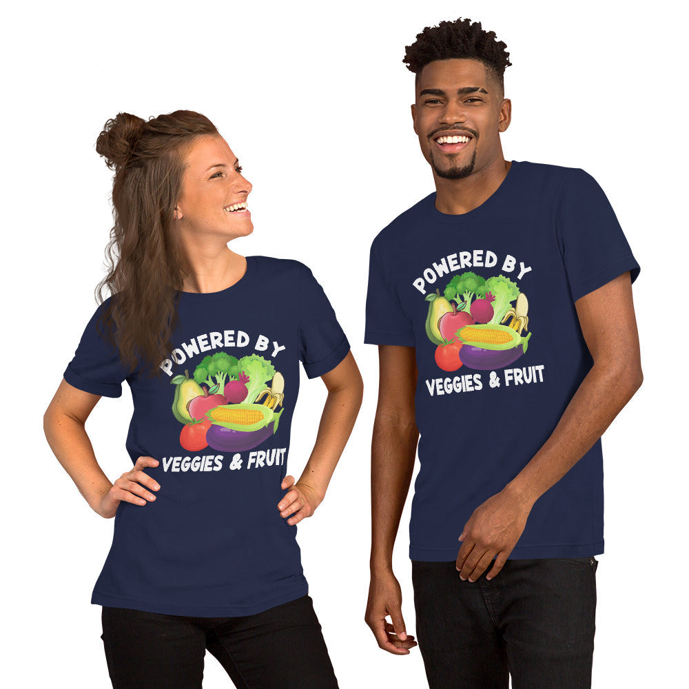 Unisex t-shirt with "Powered by Veggies & Fruit" design, navy blue, comfortable fit.