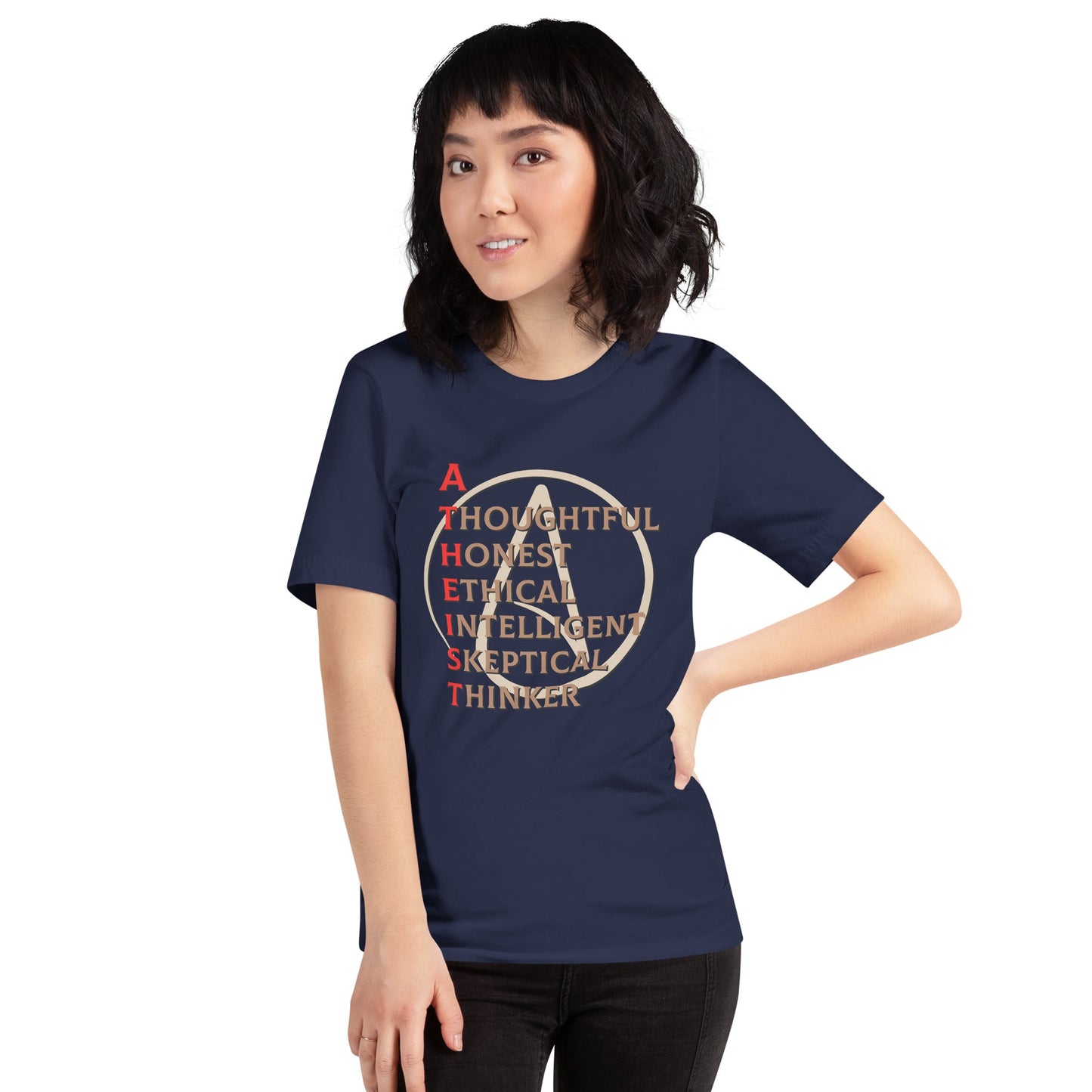 Unisex t-shirt with "Atheist" and empowering words design, ideal for freethinkers.