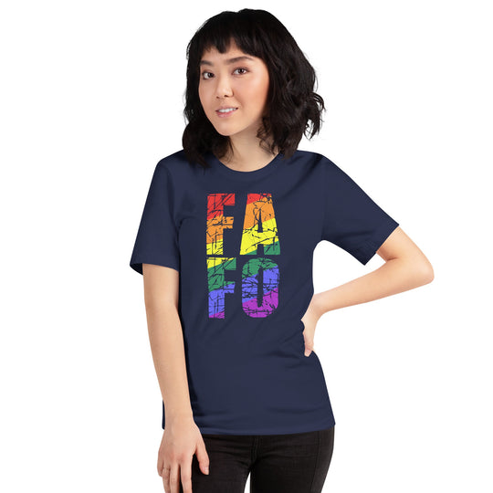 Rainbow FAFO unisex t-shirt with vibrant text design on a model.