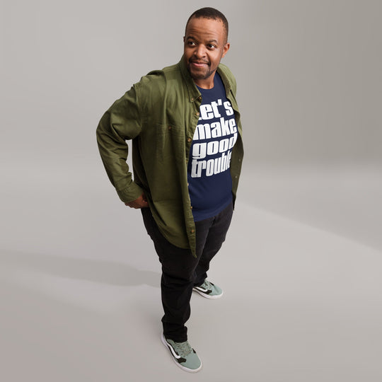 Unisex white t-shirt with "Good Trouble" quote, soft and lightweight fabric.