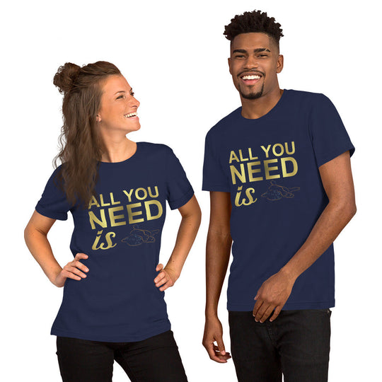 Unisex navy blue t-shirt with "All You Need Is" design, featuring a cat graphic; soft, lightweight, and stretchy for all-day comfort.