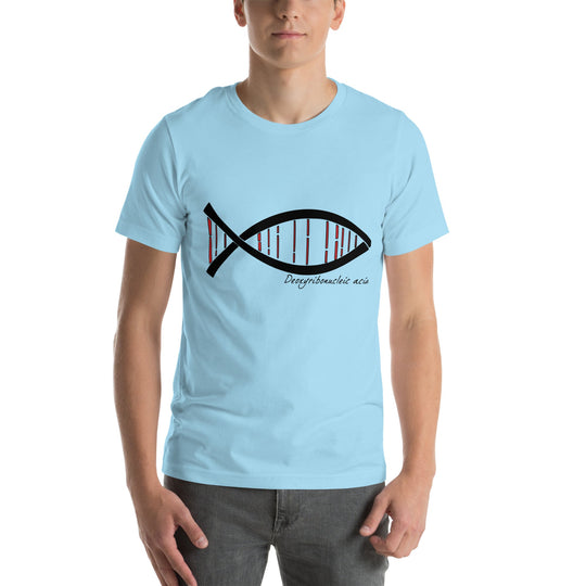 Science DNA Fish Unisex T-shirt with creative DNA fish design on light blue fabric.