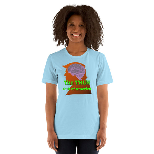 Unisex t-shirt with 'The TRUE Gulf of America' graphic on light blue fabric, soft and lightweight cotton blend.
