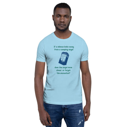 Dr Who Silence vs Weeping Angel t-shirt featuring a paradox question design in blue.