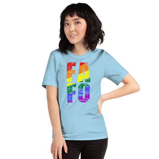 Unisex t-shirt with colorful rainbow "FAFO" design, soft and lightweight.