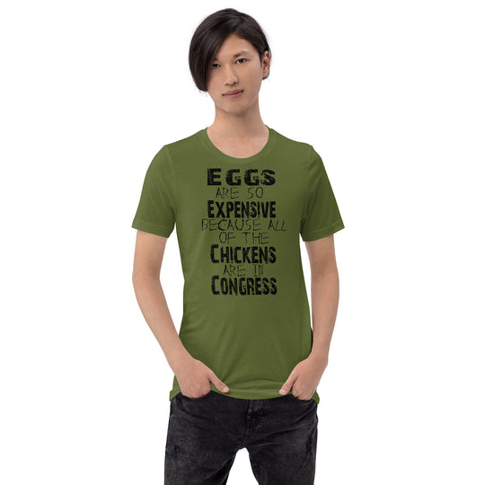Unisex t-shirt with humorous Congress and chickens design in black text on green fabric.
