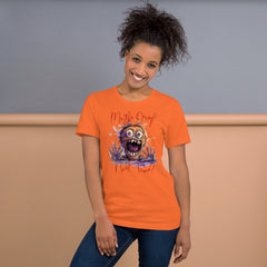 Unisex t-shirt with humorous monster design and "Perhaps Decaf Next Time?" text, worn by smiling woman.