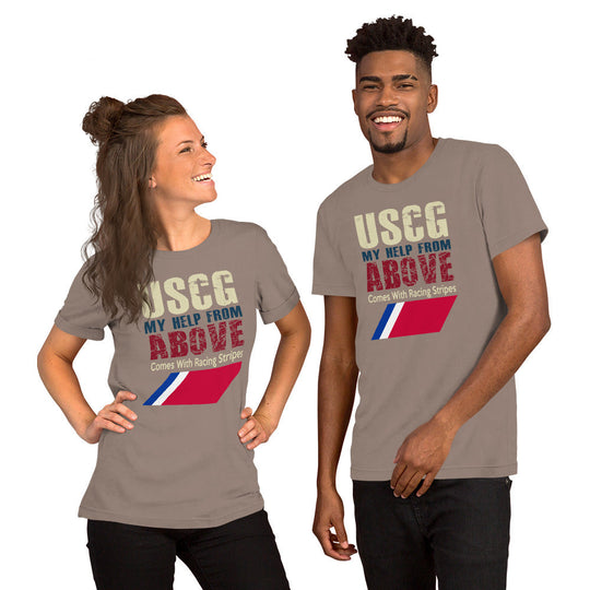 Unisex t-shirt with "USCG My help from above comes with racing stripes" design, worn by two smiling people.
