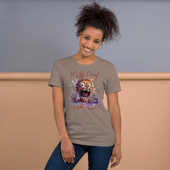 Unisex t-shirt with quirky monster design and "Perhaps Decaf Next Time?" text.