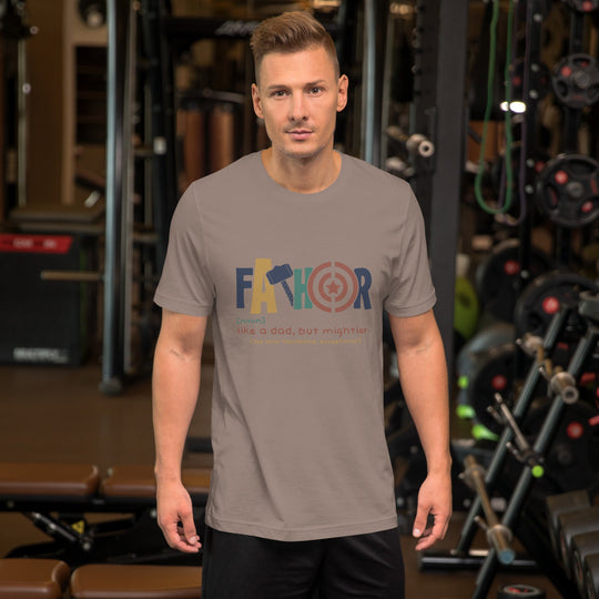 Unisex dark t-shirt with "Fathor - Like a dad, but mightier" print, ideal for Father's Day.