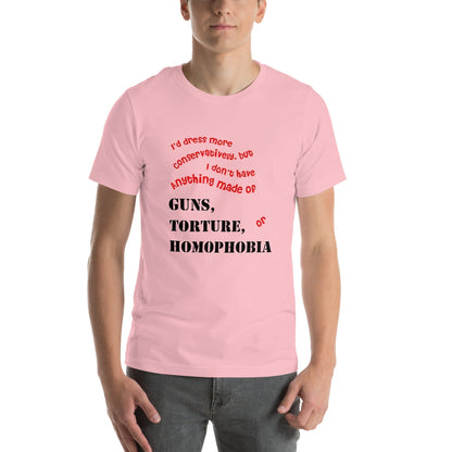 Unisex T-shirt with bold anti-discrimination statement in red and black text.