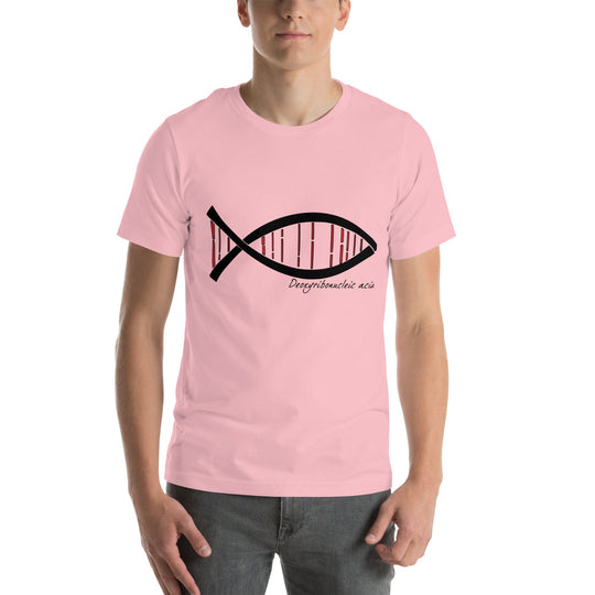 Unisex pink t-shirt featuring a DNA fish design, symbolizing science and curiosity.