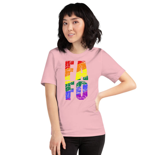 Unisex pink t-shirt with rainbow FAFO print, comfortable fit.