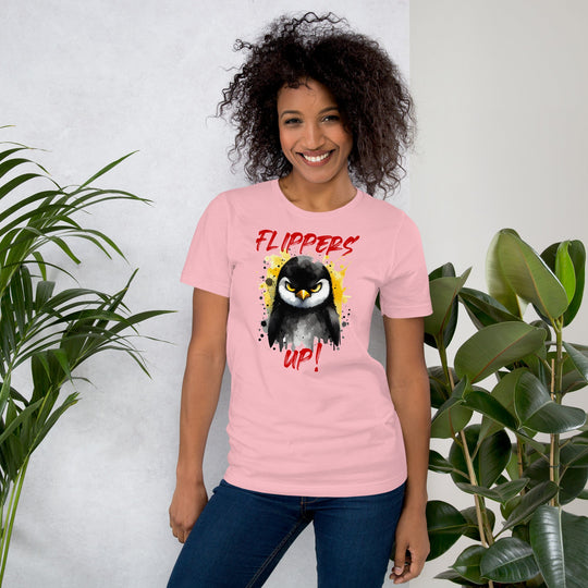 Unisex t-shirt with "Flippers Up" print featuring a cartoon penguin.