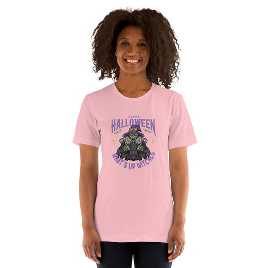 Unisex t-shirt with "What's up witches" Halloween design, soft pink fabric, comfortable fit.
