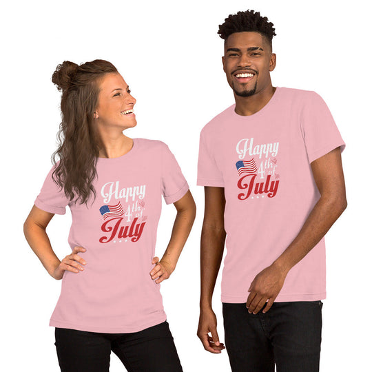 Unisex t-shirt with "Happy Fourth of July" print, ideal for celebrating Independence Day, shown on individuals.