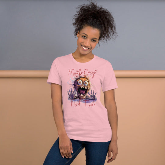 Person wearing a pink "Perhaps Decaf Next Time?" unisex t-shirt with a whimsical graphic of a creature, demonstrating a relaxed fit and casual style.
