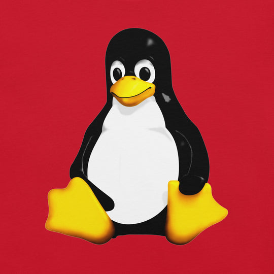 Tux, the Linux penguin mascot, sitting contentedly on a red background.