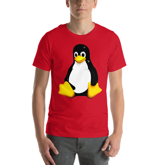 A young man wearing a red t-shirt with the image of Tux, the Linux mascot