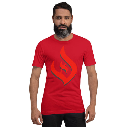 Deism Flame Unisex t-shirt with red flame logo and black shadow, symbolizing rational inquiry and natural theology.