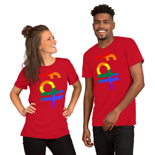 Unisex red t-shirt with fdt pride colors design, showcasing a vibrant and inclusive look.